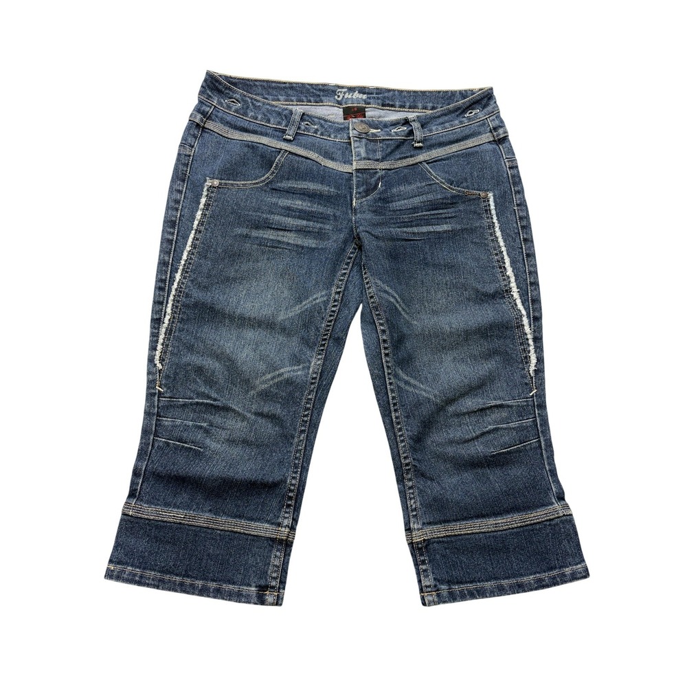 FUBU Juniors Capri Jeans 7/8 Blue Medium Wash Low Rise Embroidered Denim